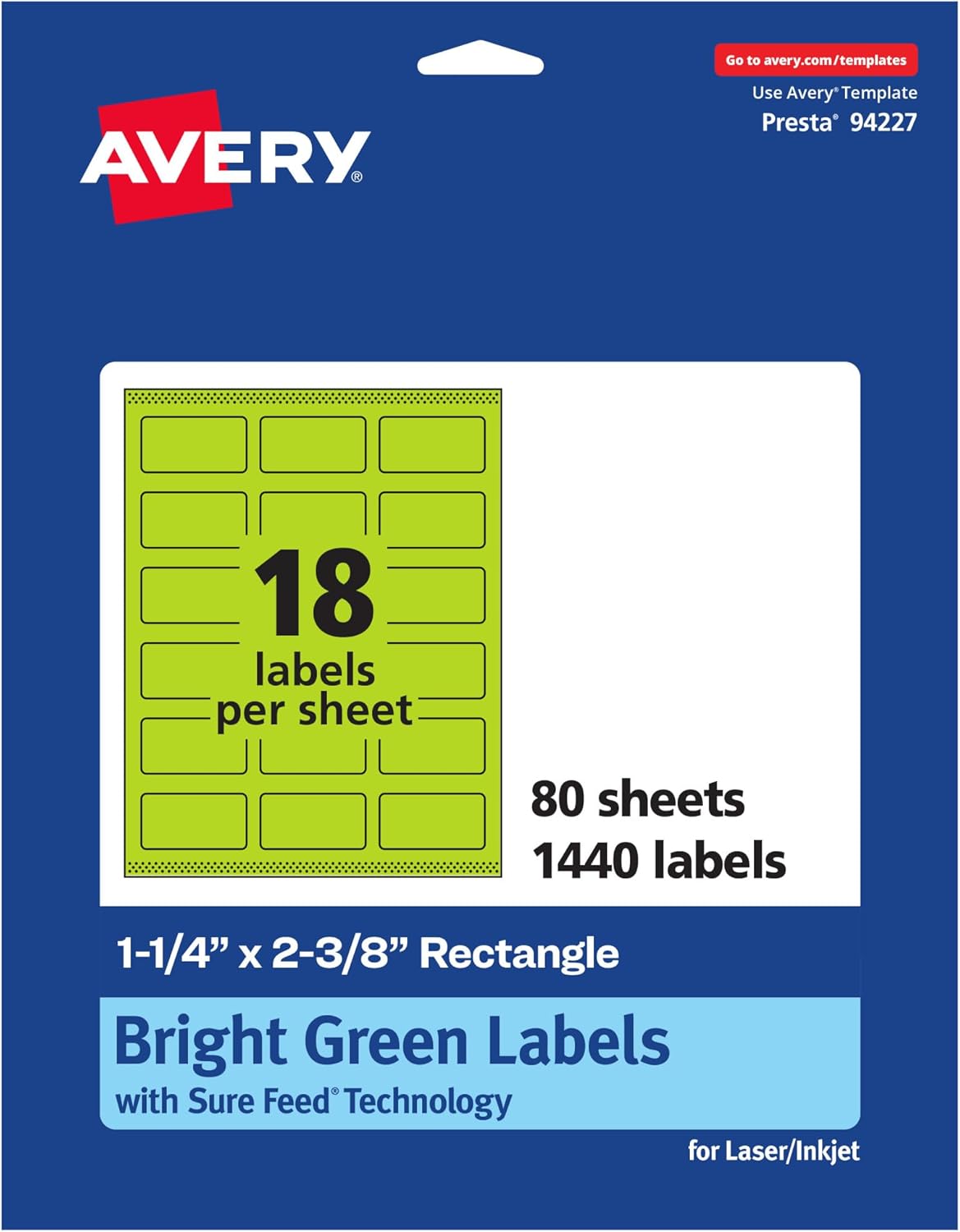 Avery Printable Rectangle Labels, Sure Feed Technology, 1-1/4" x 2-3/8", Bright Green, Print-to-the-Edge