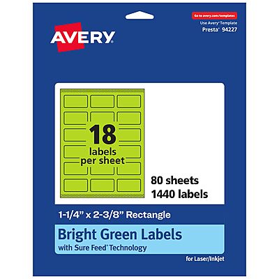 Avery Printable Rectangle Labels, Sure Feed Technology, 1-1/4" x 2-3/8", Bright Green, Print-to-the-Edge, Laser/Inkjet Printable