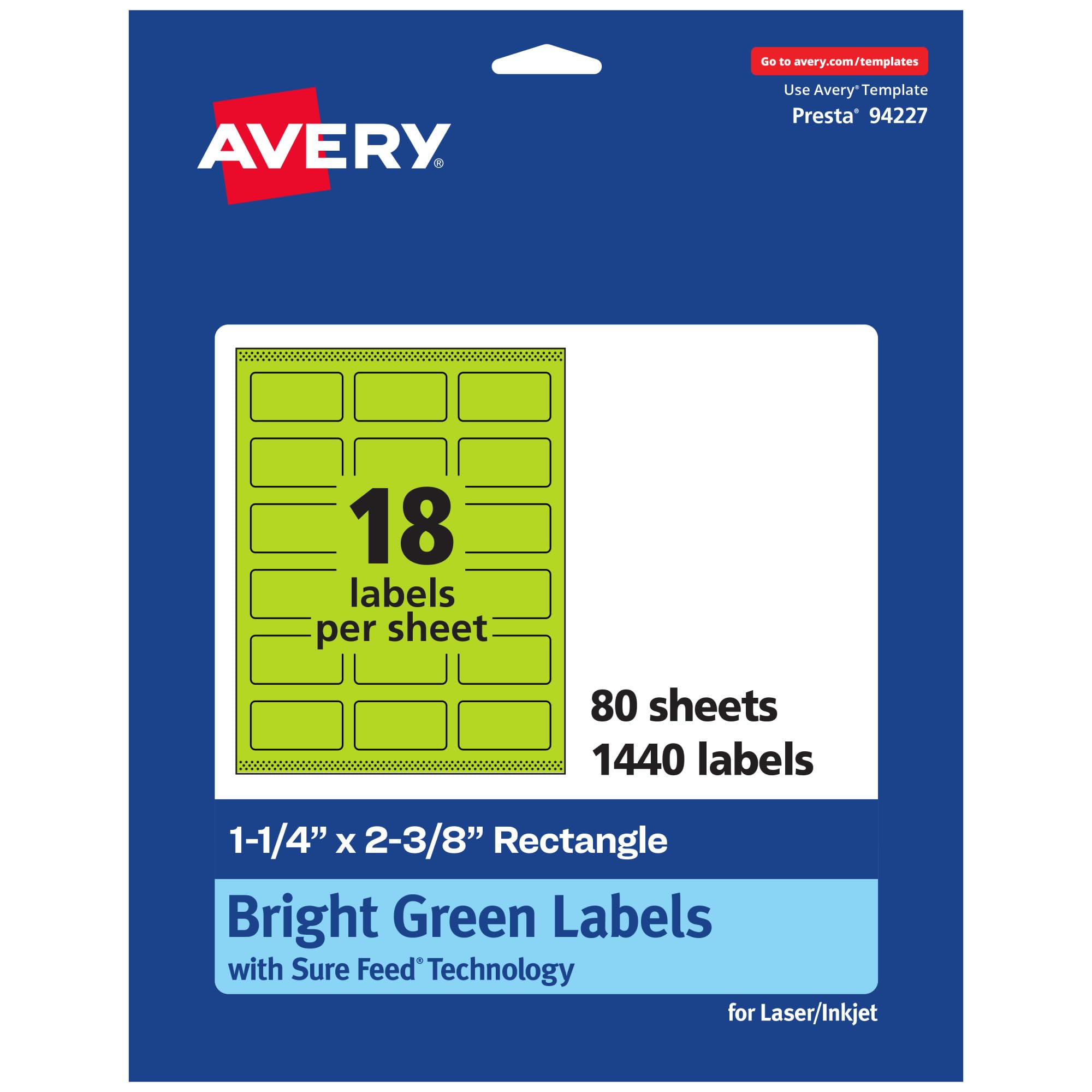 Avery Printable Rectangle Labels, Sure Feed Technology, 1-1/4" x 2-3/8", Bright Green, Print-to-the-Edge