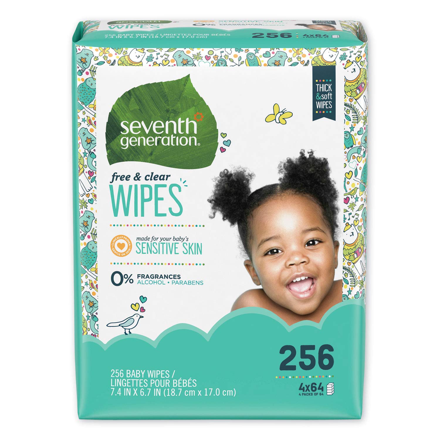 Seventh Generation 34219CT Free & Clear Baby Wipes, Refill, Unscented, White, 256/PK, 3 PK/CT 64 Count (Pack of 4)