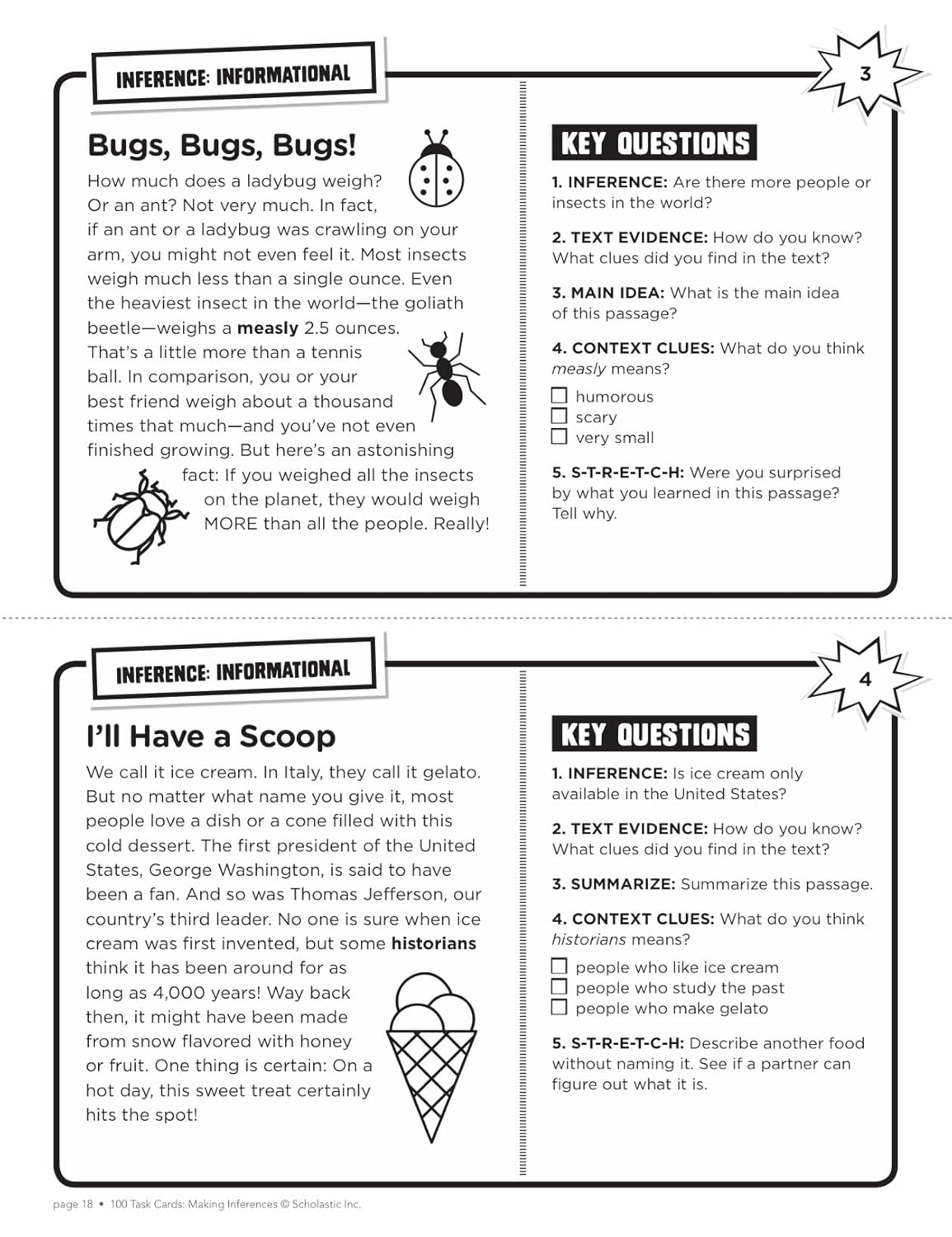 100 Task Cards: Making Inferences: Reproducible Mini-Passages With Key Questions to Boost Reading Comprehension Skills