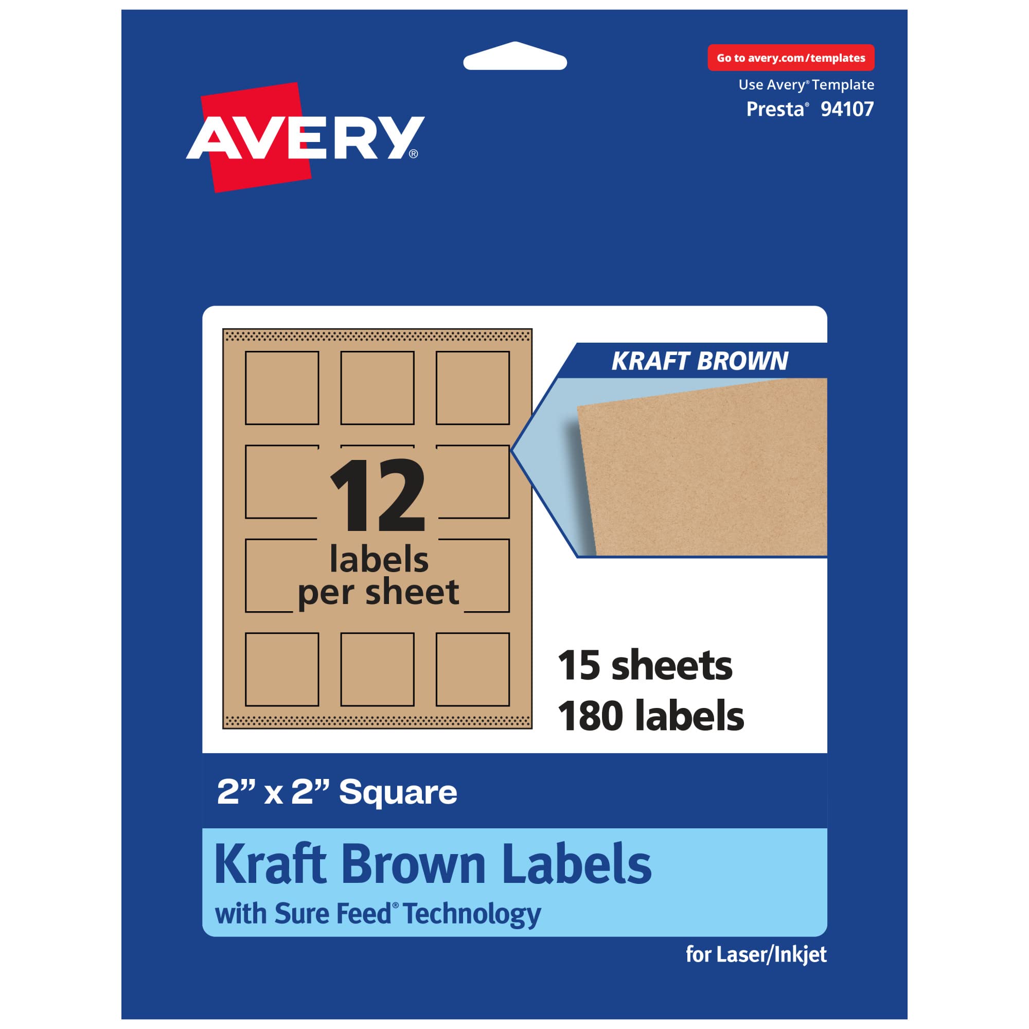 AVERY Kraft Brown Square Labels, Sure Feed Technology, 2" x 2", Print-to-The-Edge, Laser/Inkjet Printable