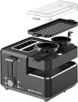 West Bend Breakfast Station 2-Slice Toaster and Egg Cooker/Poacher with Removable Pre-Cooked Meat and Vegetable Warming Tray for Perfect Breakfast Sandwiches, 1200-Watts, Black