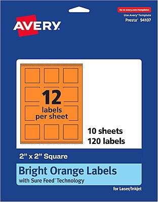 AVERY Printable Square Labels, Sure Feed Technology, 2 in x 2 in, Bright Orange