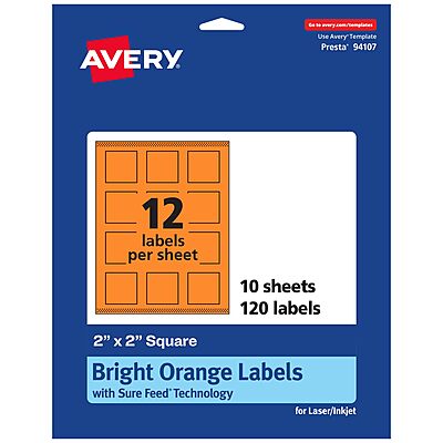 AVERY Printable Square Labels, Sure Feed Technology, 2 in x 2 in, Bright Orange
