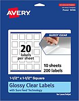 Avery Glossy Clear Square Labels, Sure Feed Technology, 1.5" x 1.5", 200 Glossy Clear Labels, Print-to-The-Edge, Laser/Inkjet Printable 200 labels