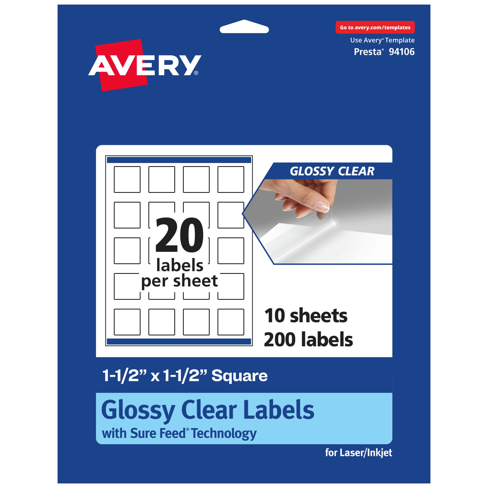 Avery Glossy Clear Square Labels, Sure Feed Technology, 1.5" x 1.5", 200 Glossy Clear Labels, Print-to-The-Edge