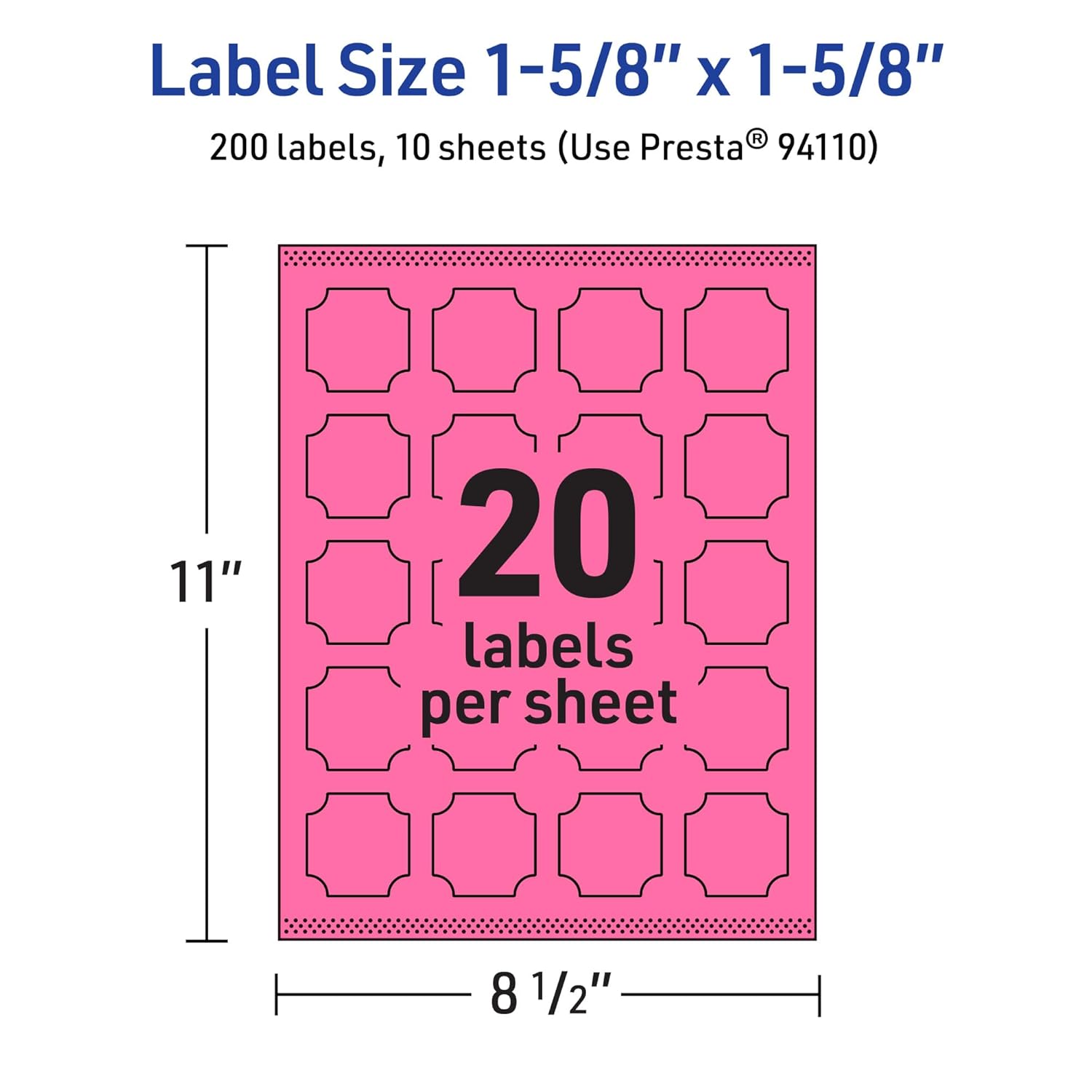 AVERY Printable Square Scalloped Labels, Sure Feed Technology, 1-5/8" x 1-5/8", Bright Pink, Print-to-Edge, Laser/Inkjet