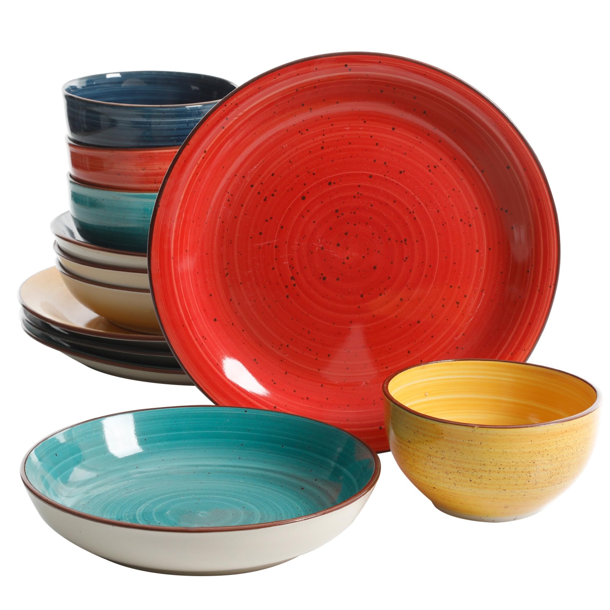 Gibson Home Color Speckle 12-Piece Mix & Match Double Bowl Dinnerware Set, Multicolor