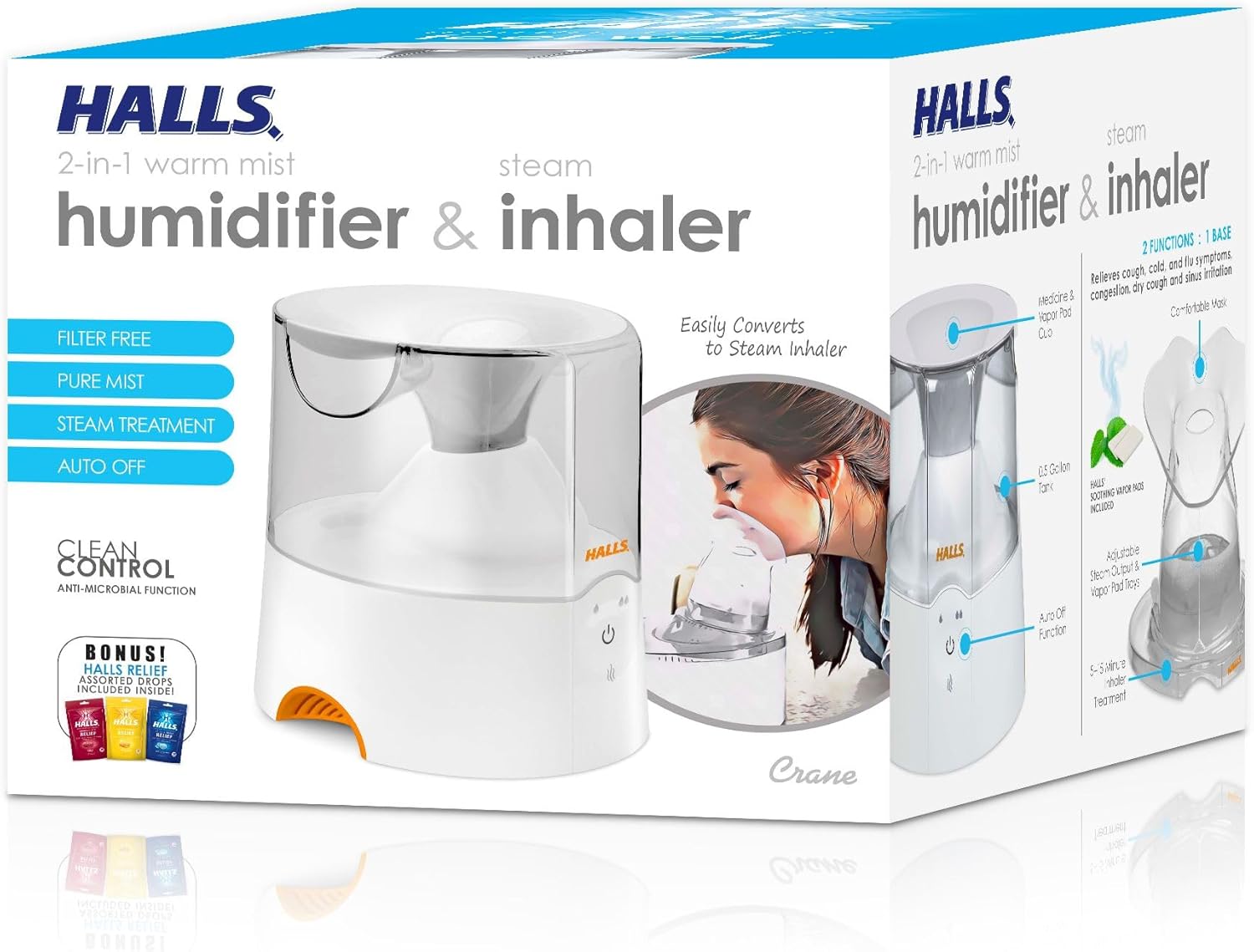 Crane x HALLS 2-in-1 Warm Mist Humidifier and Steam Inhaler, 0.5 Gallon, Blue & White