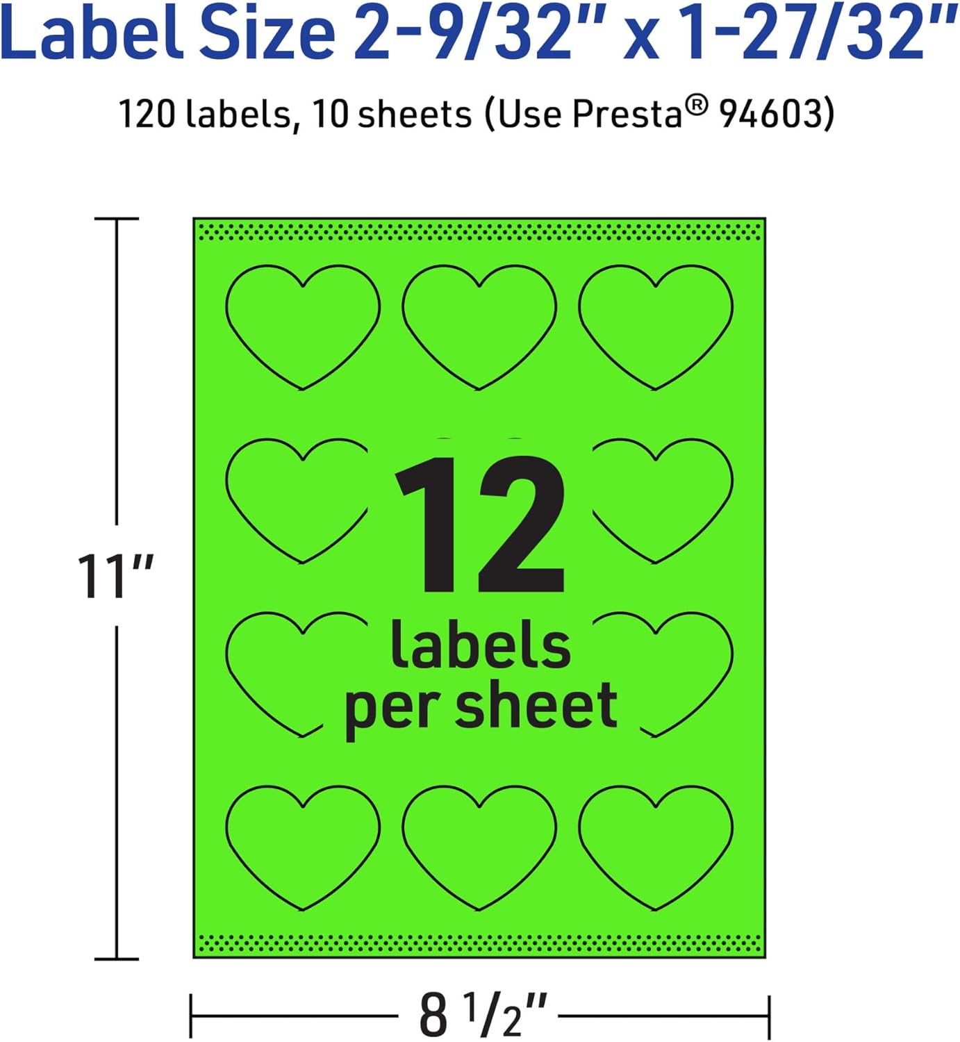 Avery Printable Heart Labels, Sure Feed Technology, 2-9/32 x 1-27/32, Neon Green, Print-to-The-Edge, Laser/Inkjet Compatible