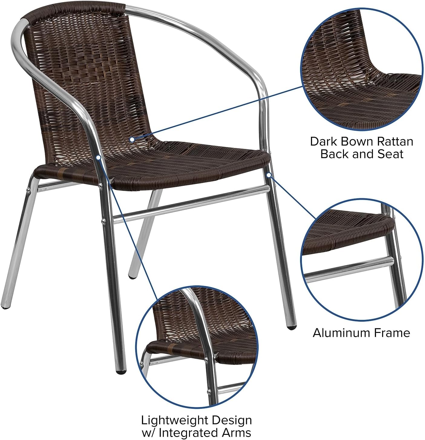 Flash Furniture Commercial Aluminum and Dark Brown Rattan Indoor-Outdoor Restaurant Stack Chair Aluminum and Dark Brown Set