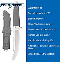 Cold Steel Outdoorsman 6" VG-10 San Mai Razor-Sharp Straight Back Blade 5.125" Kray-Ex Handle Multi-Purpose Fixed Blade Knife w/Secure-Ex Sheath