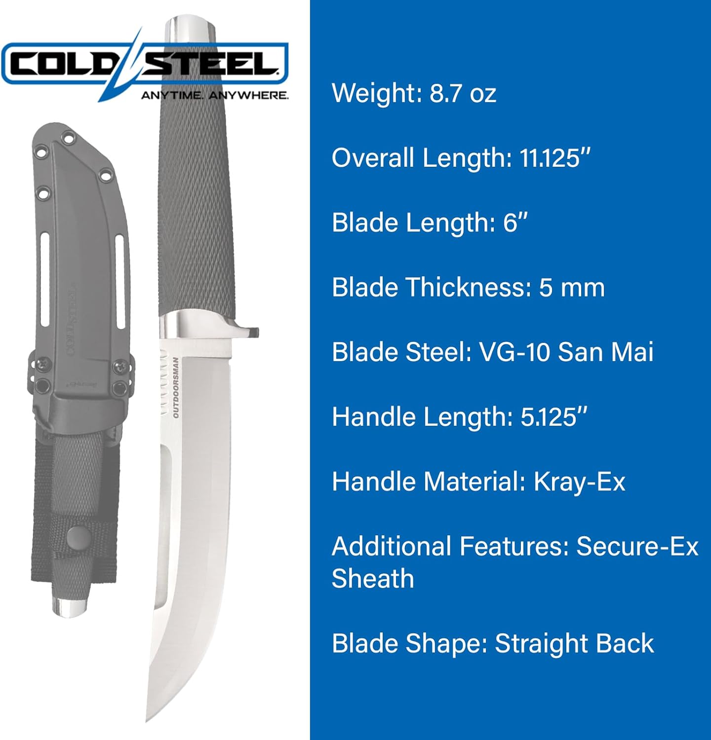 Cold Steel Outdoorsman 6" VG-10 San Mai Razor-Sharp Straight Back Blade 5.125" Kray-Ex Handle Multi-Purpose Fixed Blade
