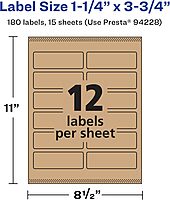 Avery Kraft Brown Rectangle Labels, Sure Feed Technology, 1.25" x 3.75", 180 Kraft Brown Labels, Print-to-The-Edge, Laser/Inkjet Printable 180 labels
