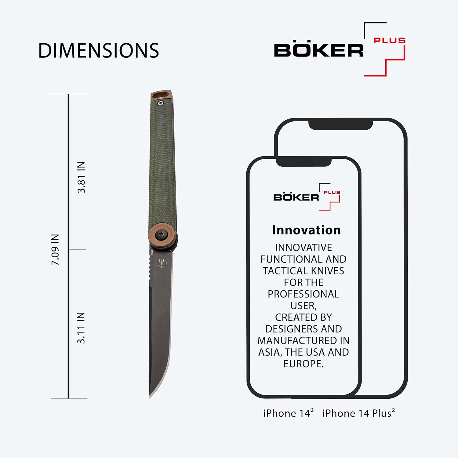 Böker Plus Kaizen Green Canvas Micarta - folding pocket knife with Micarta handle scales - D2 blade - small knife with clip