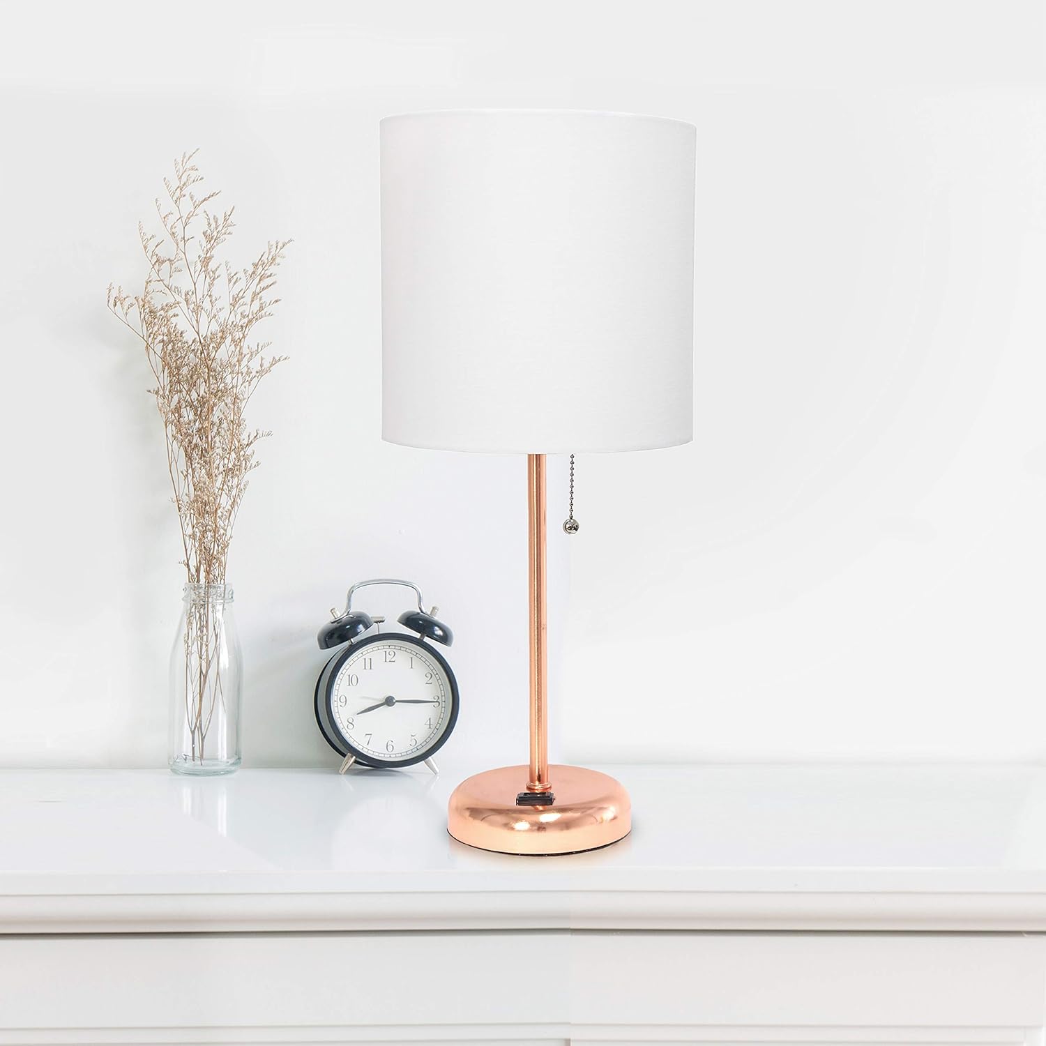 LIMELIGHTS Simple Designs LT2024 Stick Table Lamp with Charging Outlet and Drum Fabric Shade