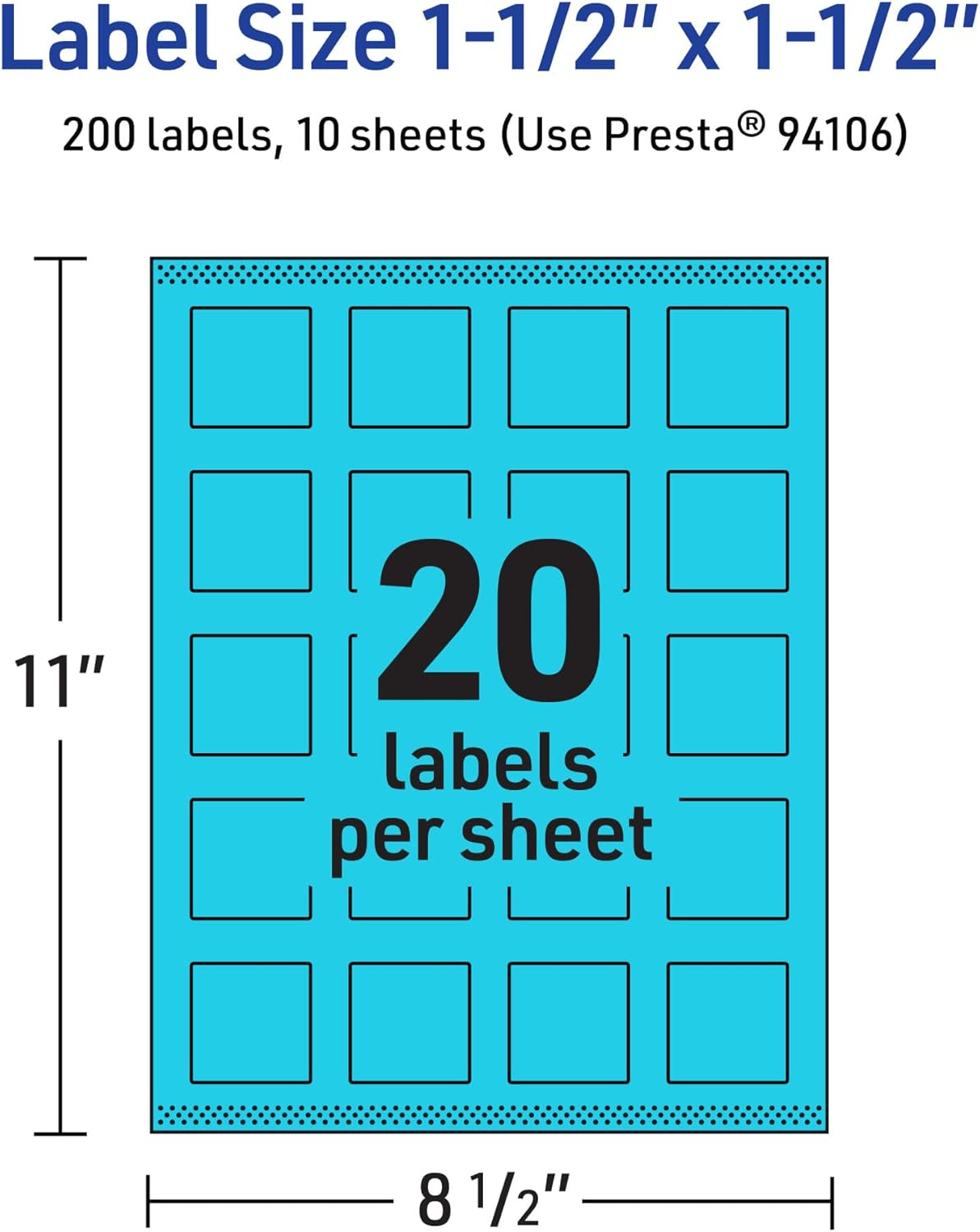 Avery Printable Square Labels, Sure Feed Technology, 1-1/2" x 1-1/2", Bright Blue, Print-to-The-Edge, Laser/Inkjet Printable