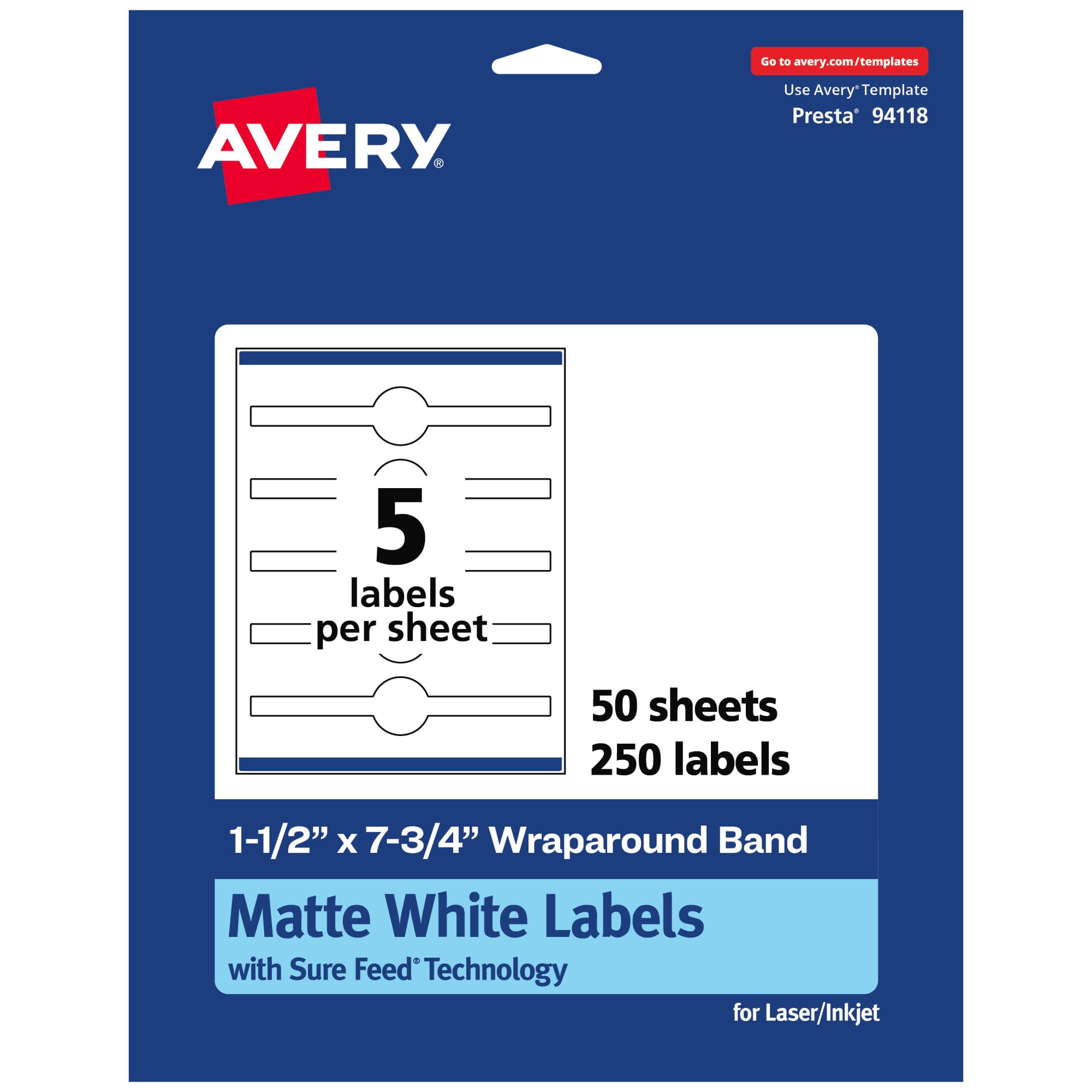 Avery Matte White Wraparound Band Labels, Sure Feed Technology, 1.5" x 7.75", Cigar Band Labels, Print-to-The-Edge - 811108