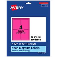 Avery Printable Rectangle Labels, Sure Feed Technology, 4-3/4" x 3-3/4", Neon Magenta, Print-to-The-Edge, Laser/Inkjet Printable