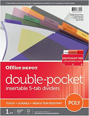 Office Depot® Brand Double Pocket Insertable Plastic Divider, 5-Tab, 9 1/2" x 11 1/4", Assorted Colors