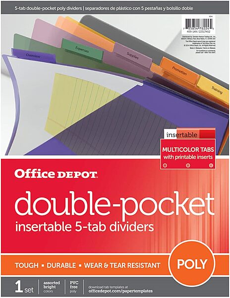Office Depot® Brand Double Pocket Insertable Plastic Divider, 5-Tab, 9 1/2" x 11 1/4", Assorted Colors