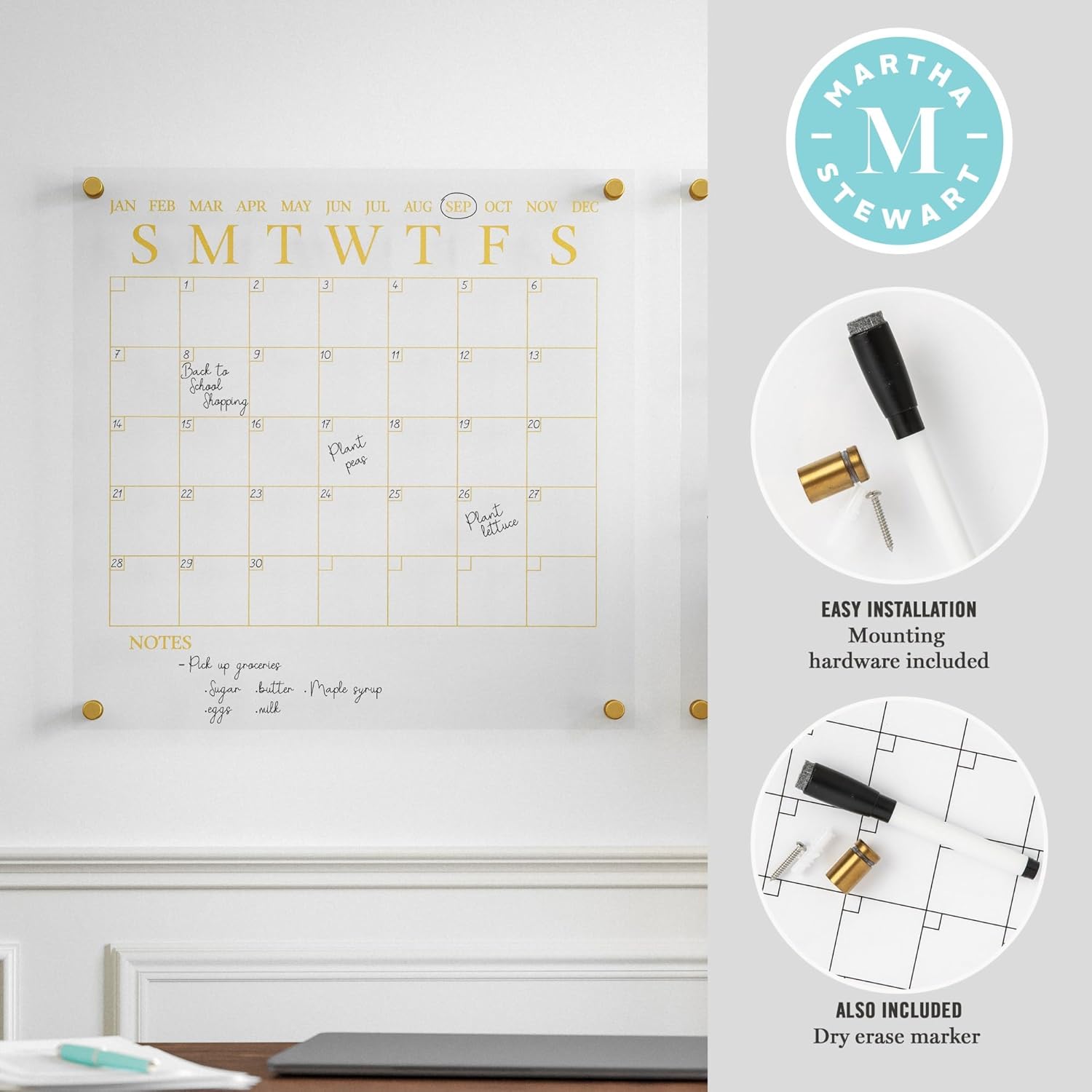Martha Stewart Grayson Acrylic Wall Calendar and Notes Board with Dry Erase Marker