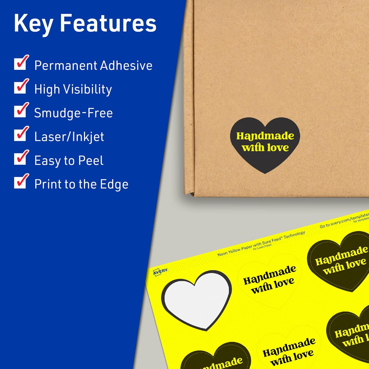 Avery Printable Heart Labels, Sure Feed Technology, 2-9/32" x 1-27/32", Neon Yellow Labels, Print-to-The-Edge