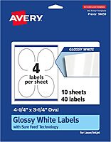 Avery Glossy White Oval Labels, Sure Feed Technology, 4.25" x 3.25"