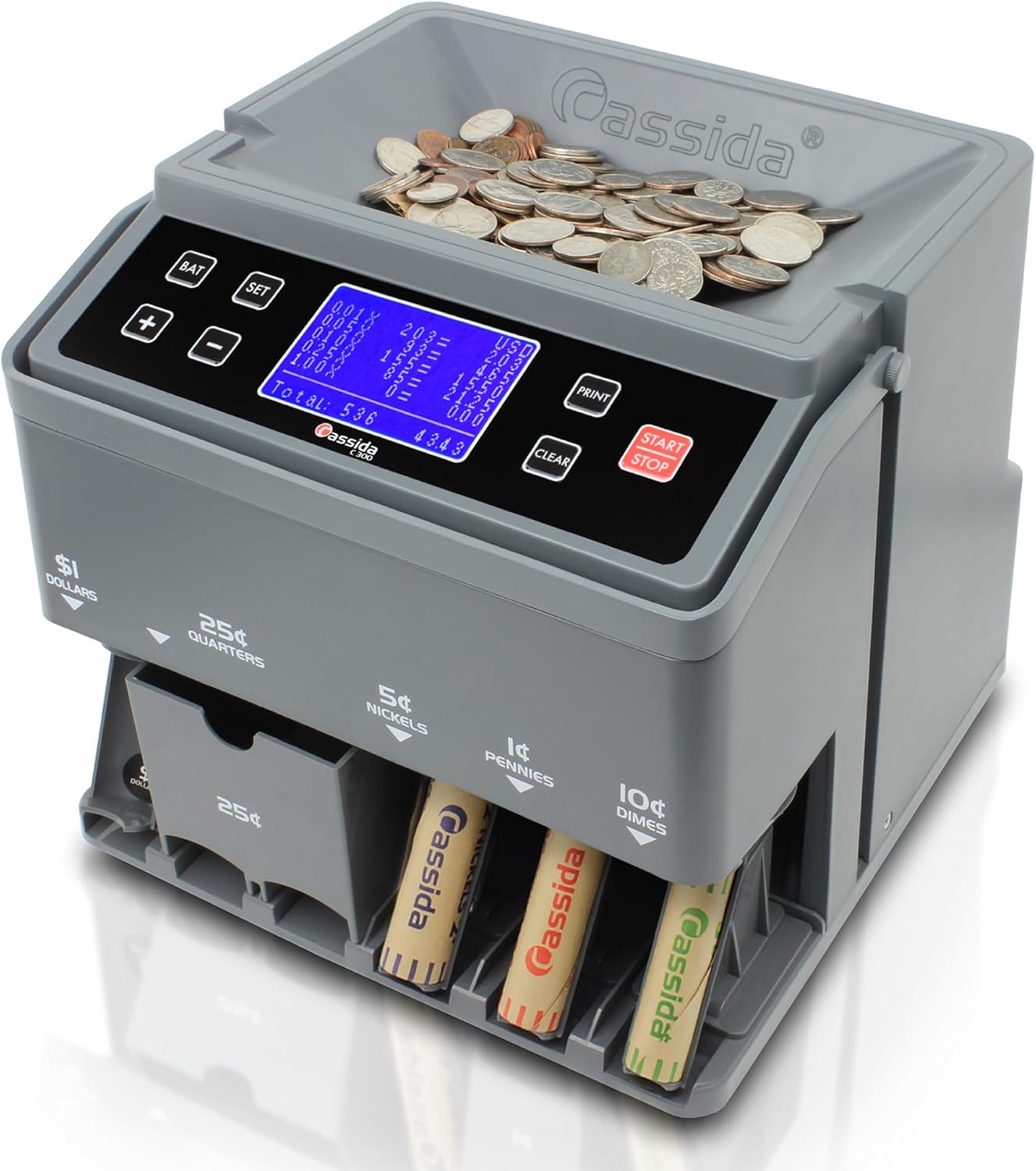 Cassida C300 Professional USD Coin Counter, Sorter and Wrapper/Roller, 300 coins/min, with Quickload and Printing-Compatible