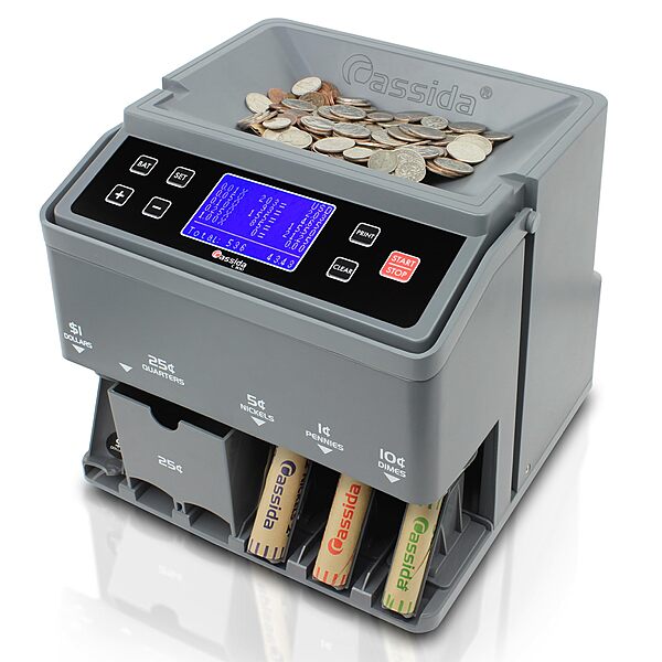 Cassida C300 Professional USD Coin Counter, Sorter and Wrapper/Roller, 300 coins/min, with Quickload and Printing-Compatible,Gray C300 - 300 coins/ minute + extra features