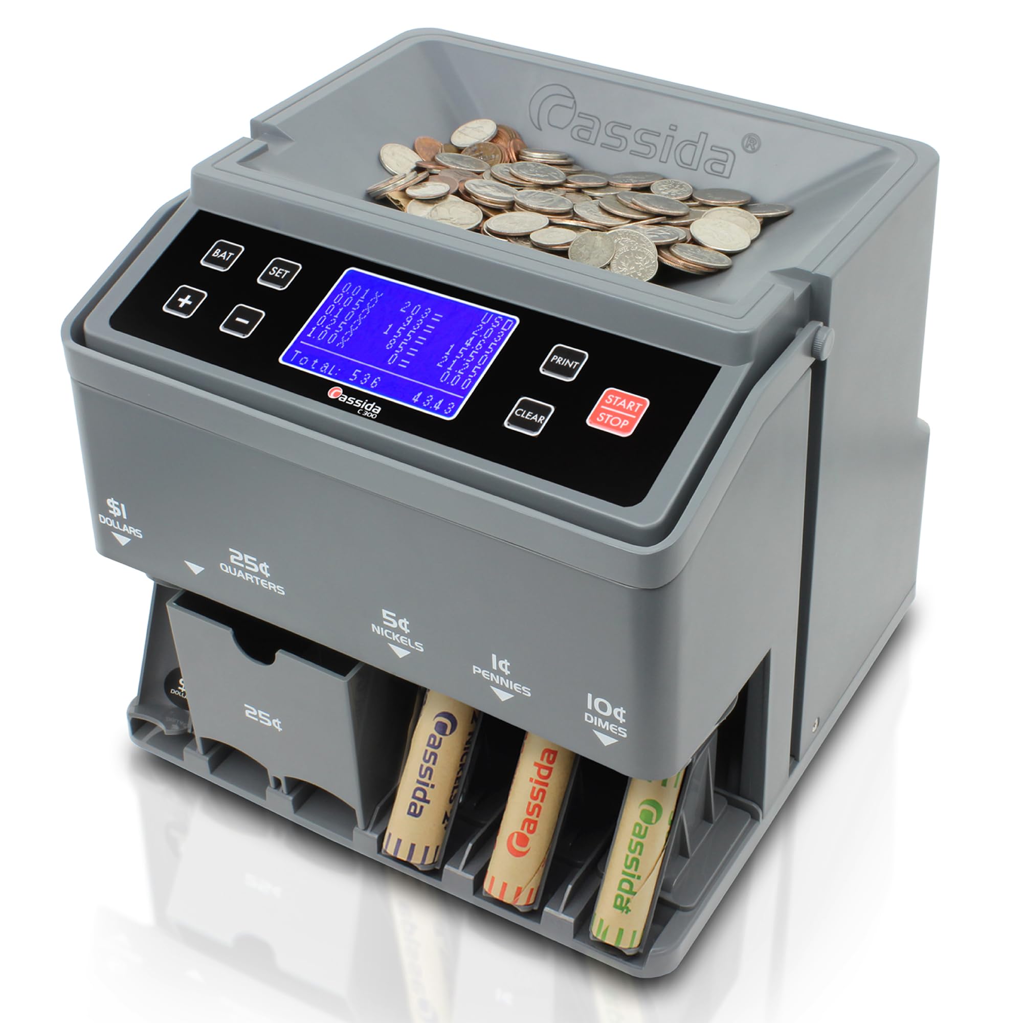 Cassida C300 Professional USD Coin Counter, Sorter and Wrapper/Roller, 300 coins/min, with Quickload and Printing-Compatible