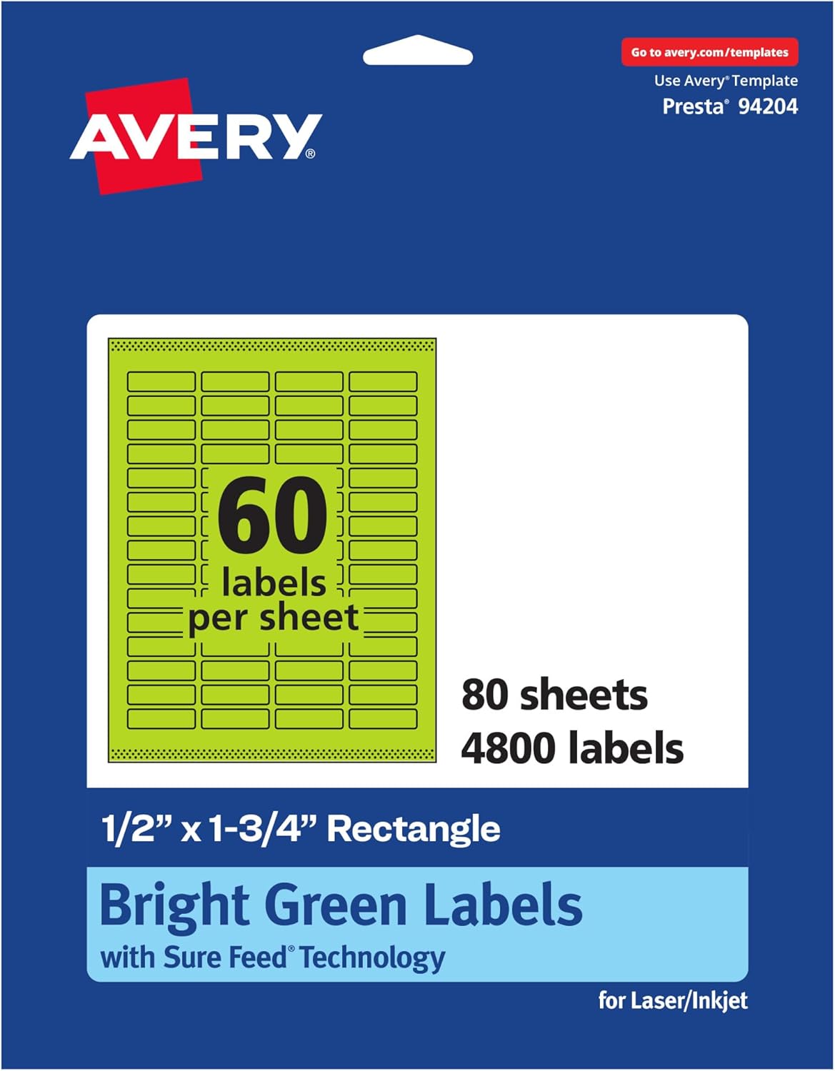 AVERY Printable Rectangle Labels, Sure Feed Technology, 1/2" x 1-3/4", Bright Green, Print-to-The-Edge