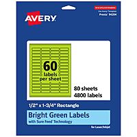 AVERY Printable Rectangle Labels, Sure Feed Technology, 1/2" x 1-3/4", Bright Green, Print-to-The-Edge, Laser/Inkjet Compatible