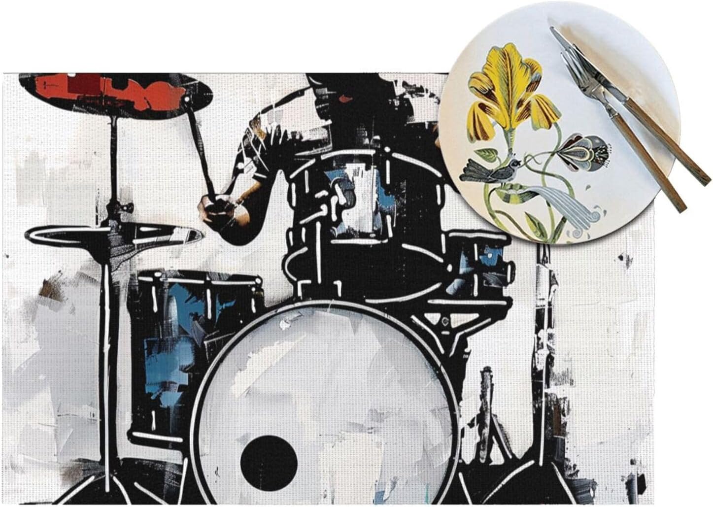 Drummer Printed PVC Woven Placemats Set of 4 PCS - Heat Resistant Cloth Place Mats Kitchen Dining Table Mat
