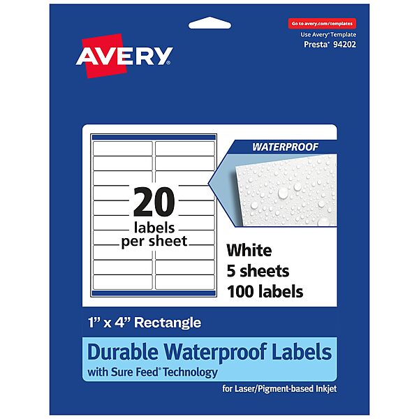 Avery Durable Waterproof Rectangle Labels with Sure Feed Technology, 1" x 4"