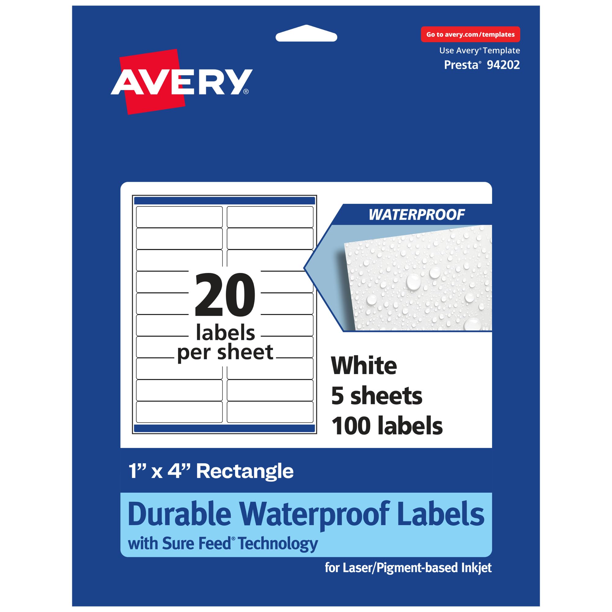 Avery Durable Waterproof Rectangle Labels with Sure Feed Technology, 1" x 4"
