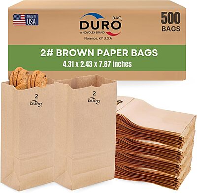 Duro 2# Brown Paper Lunch Bags 500 Count, Bulk Disposable Brown Paper Bags, Small SOS Paperbags for Candy, Snacks & Treats - 4.31 x 2.43 x 7.87 Inches