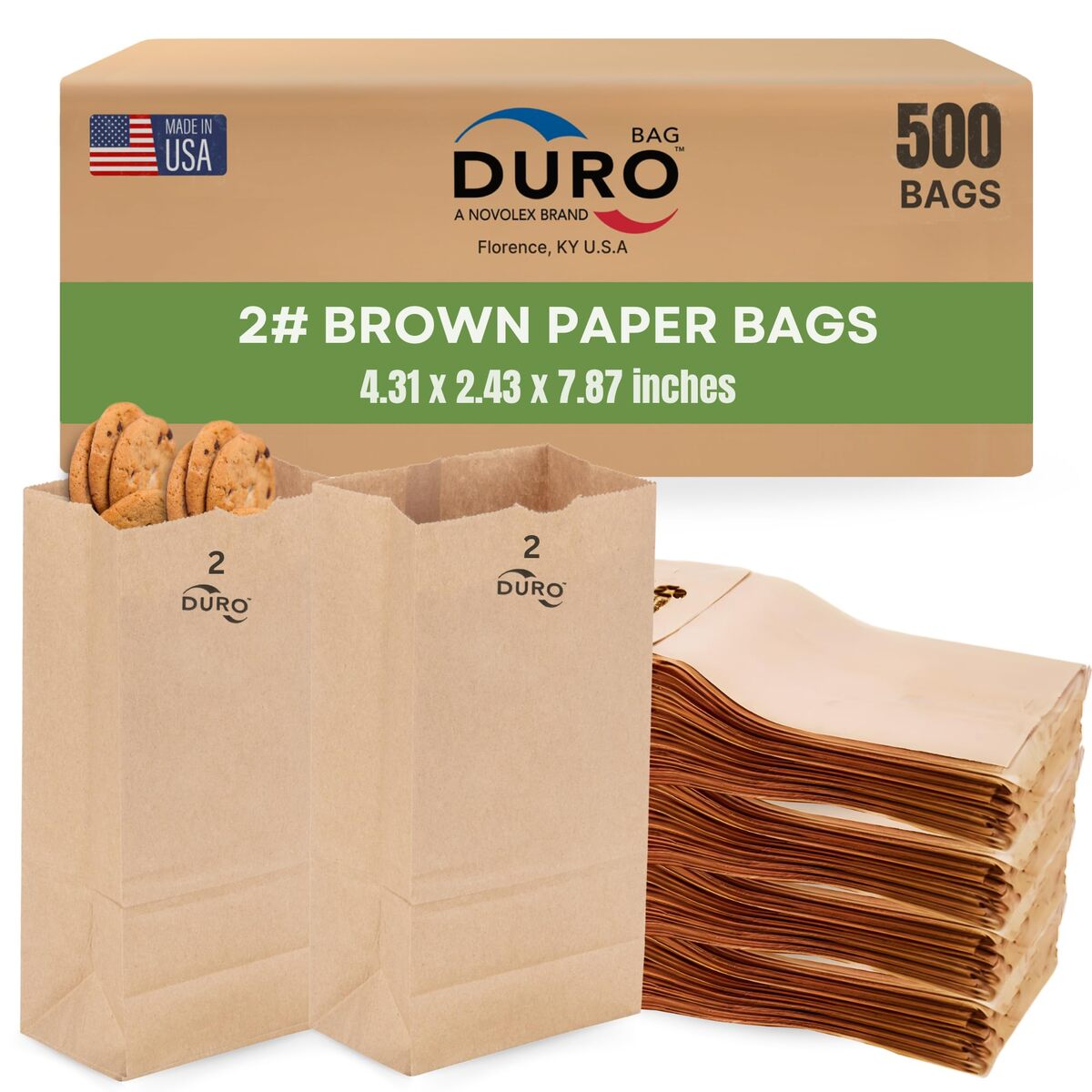 Duro 2# Brown Paper Lunch Bags 500 Count, Bulk Disposable Brown Paper Bags, Small SOS Paperbags for Candy, Snacks & Treats - 4.31 x 2.43 x 7.87 Inches