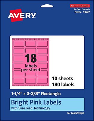 AVERY Printable Rectangle Labels with Sure Feed Technology, 1-1/4" x 2-3/8", Bright Pink, Print-to-The-Edge