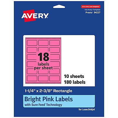 AVERY Printable Rectangle Labels with Sure Feed Technology, 1-1/4" x 2-3/8", Bright Pink, Print-to-The-Edge
