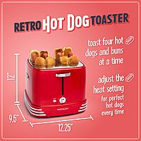 Nostalgia 4 Slot Hot Dog and Bun Toaster with Mini Tongs, Hot Dog Toaster Works with Chicken, Turkey, Veggie Links