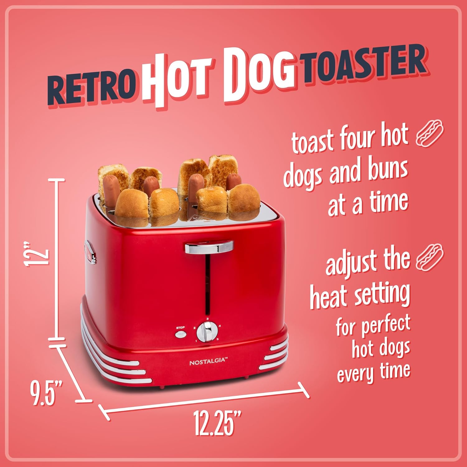 Nostalgia 4 Slot Hot Dog and Bun Toaster with Mini Tongs, Hot Dog Toaster Works with Chicken, Turkey, Veggie Links