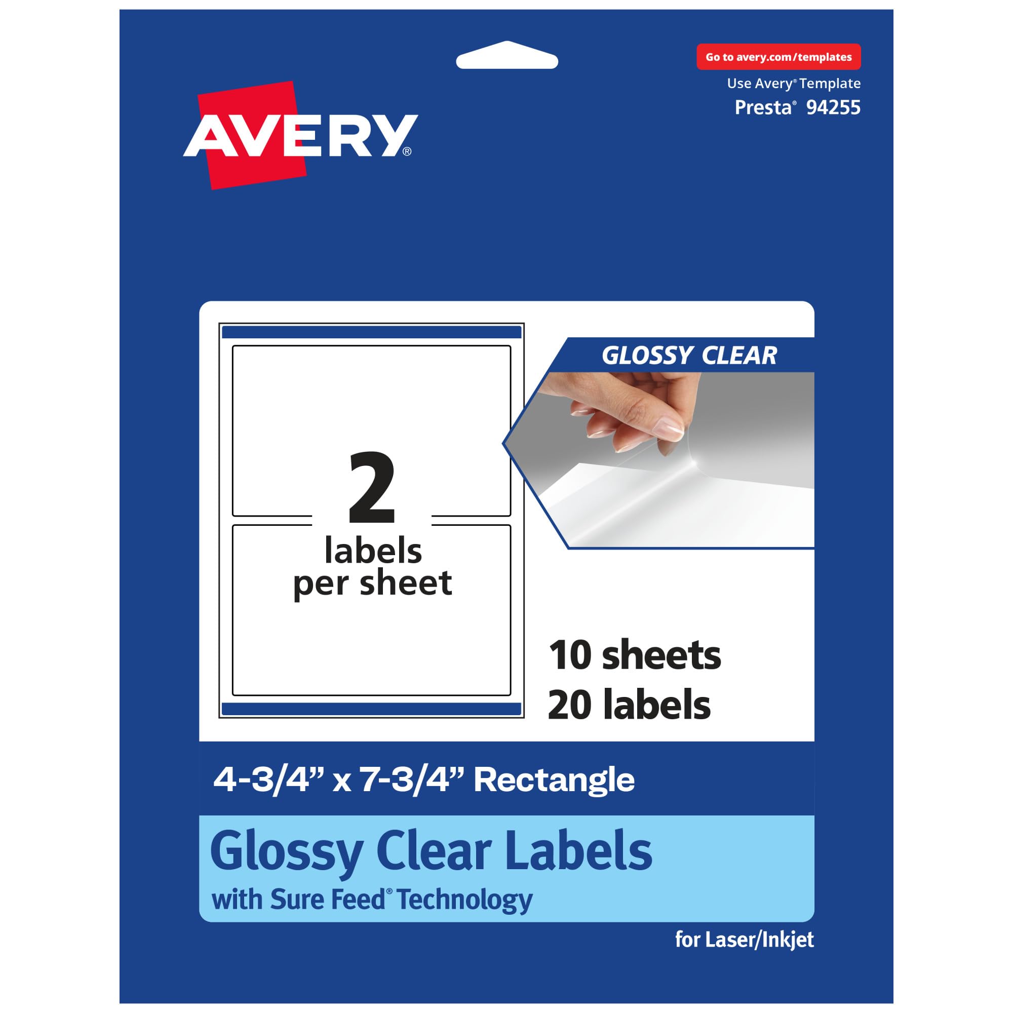 AVERY Glossy Clear Rectangle Labels, Sure Feed Technology, 4.75" x 7.75"