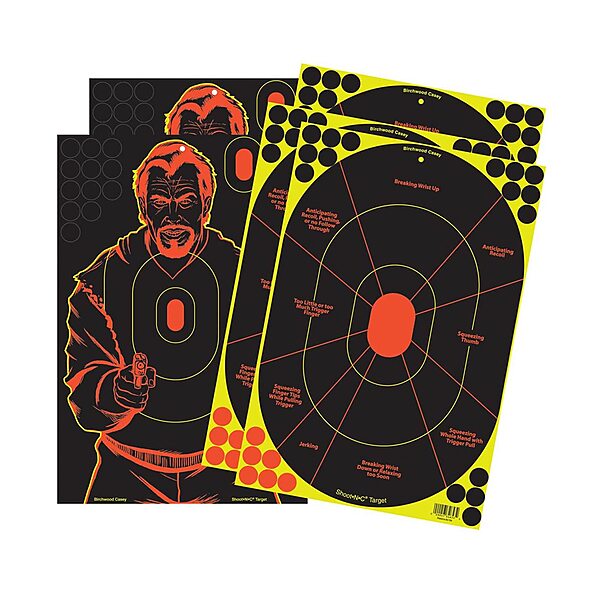BIRCHWOOD CASEY Shoot-N-C 12" X 18" Combo 5 Reactive Targets - 3 Handgun Trainer & 2 Bad Guy Silhouette Targets - Highly Visible Instant Feedback Self-Adhesive Targets for Pistol Shooting Practice