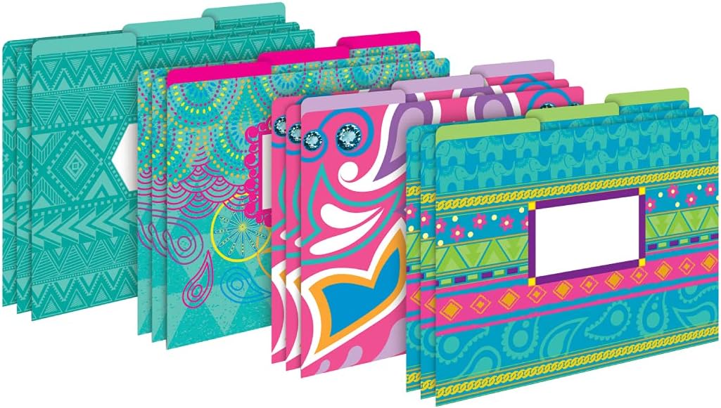 Barker Creek Designer File Folders, Bohemian, Multi-Design, Playful Patterns on Outside, Solid Colors on Inside, Letter Size