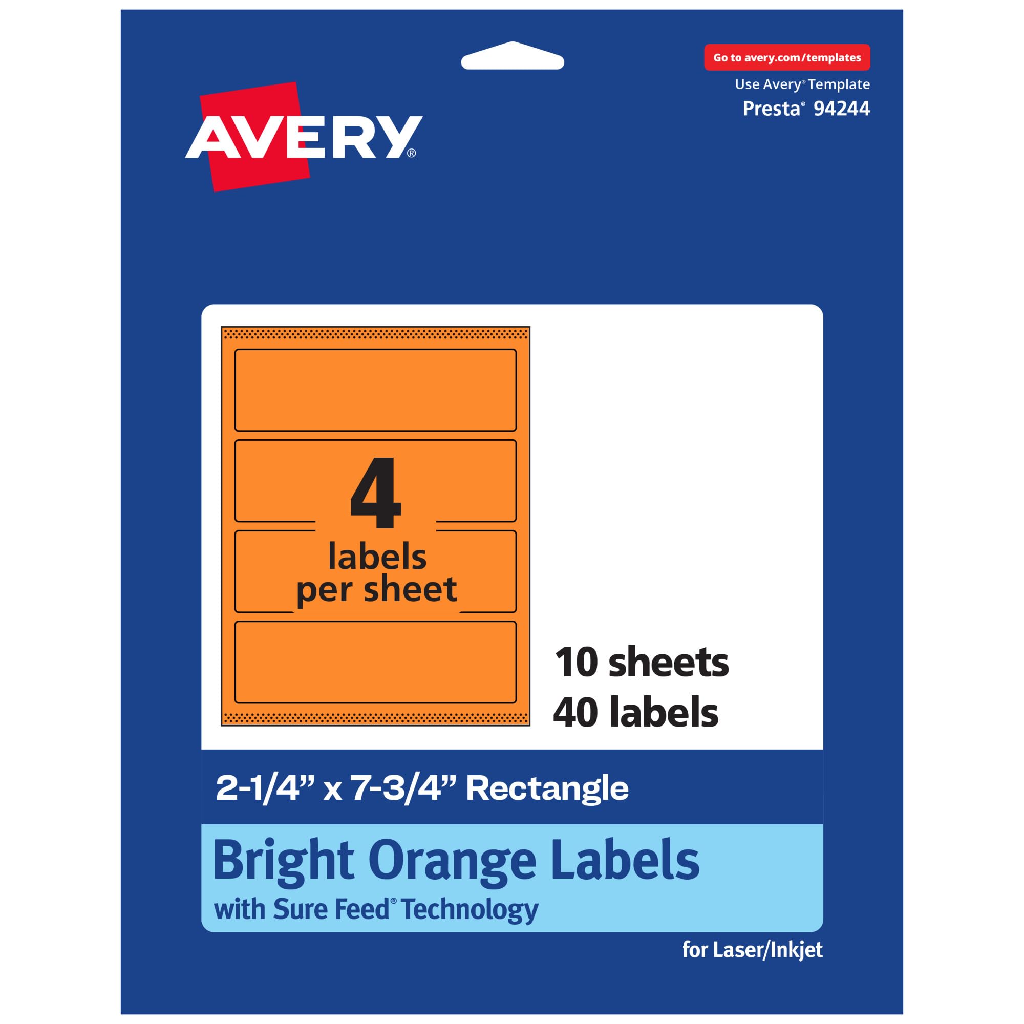 Avery Printable Rectangle Labels, Sure Feed Technology, 2.25 x 7.75 in, Bright Orange, Print-to-The-Edge, Laser/Inkjet