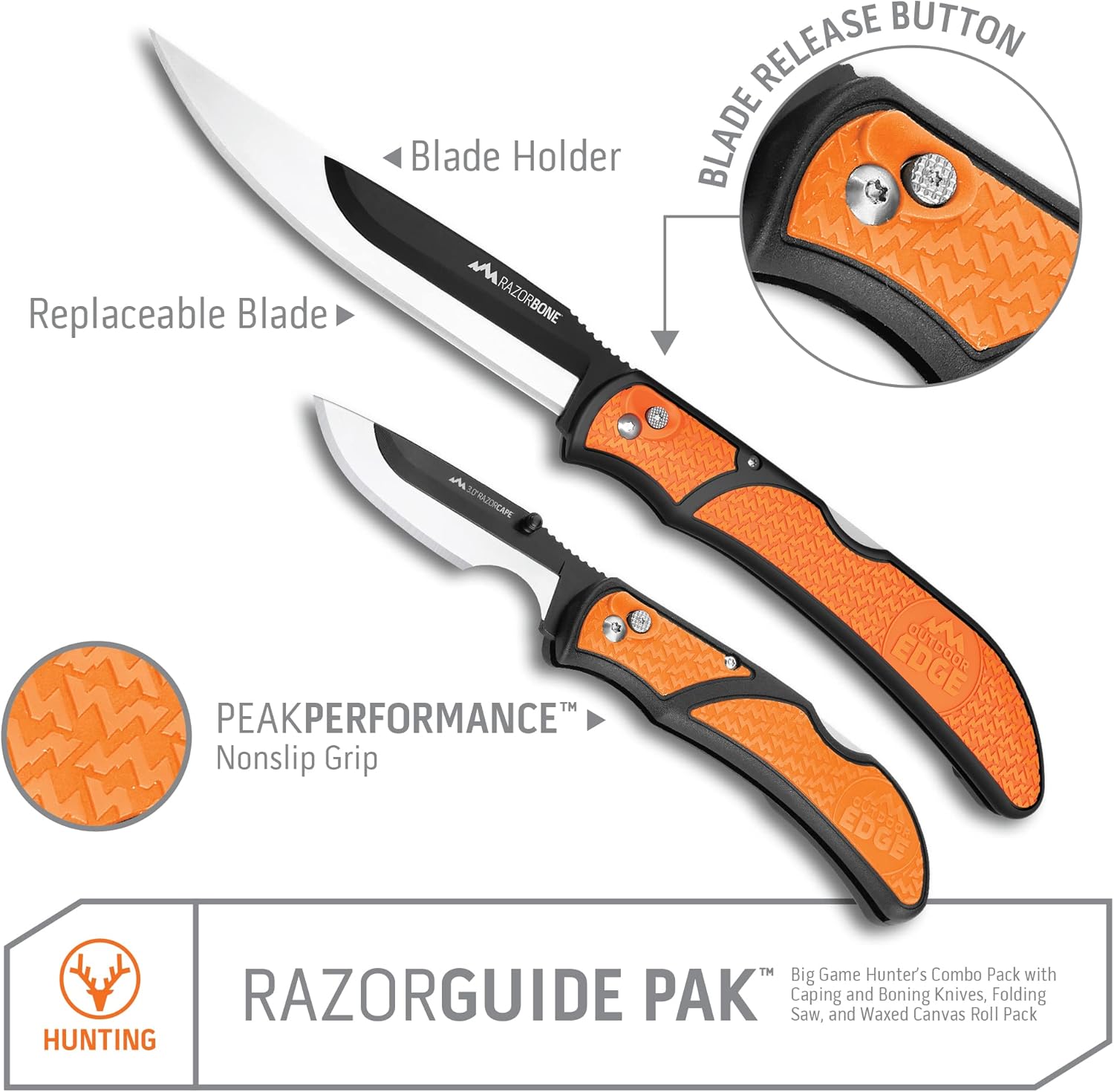 OUTDOOR EDGE RazorGuide Pak Hunting Knife Set. Features Two Replaceable Blade Hunting Knives, Bone Saw