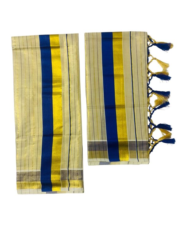 Women's Kuthampully Kerala Kasavu Set mundu Tissue with Kunjam | Kerala Tissue set mundu latest collections | Kuthampully set mundu - Multi color KTM-902 (Blue-Gold)