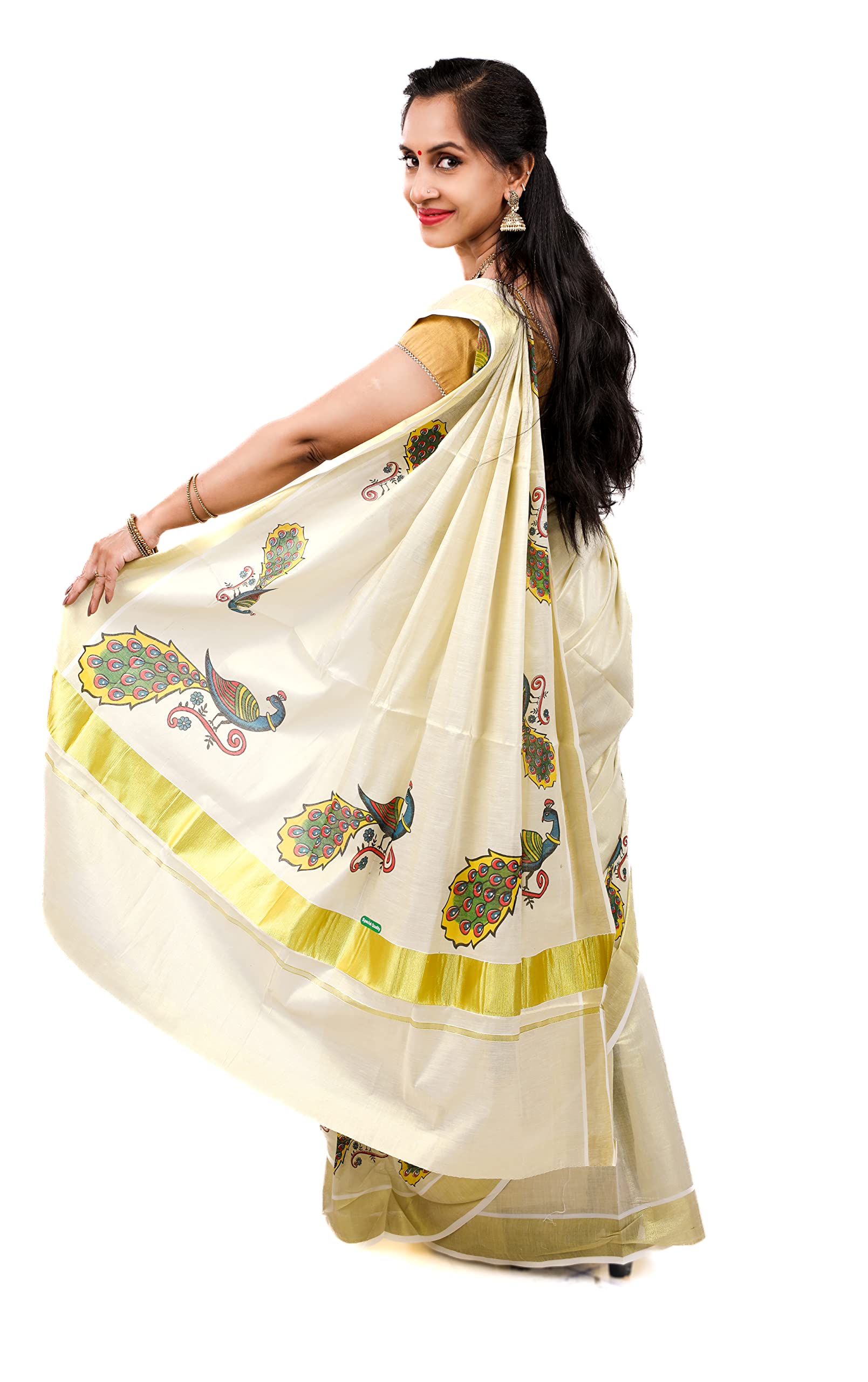 Kuthampully Women's Kasavu Tissue Cotton Saree With Running Blouse - Multi color KPSS-297